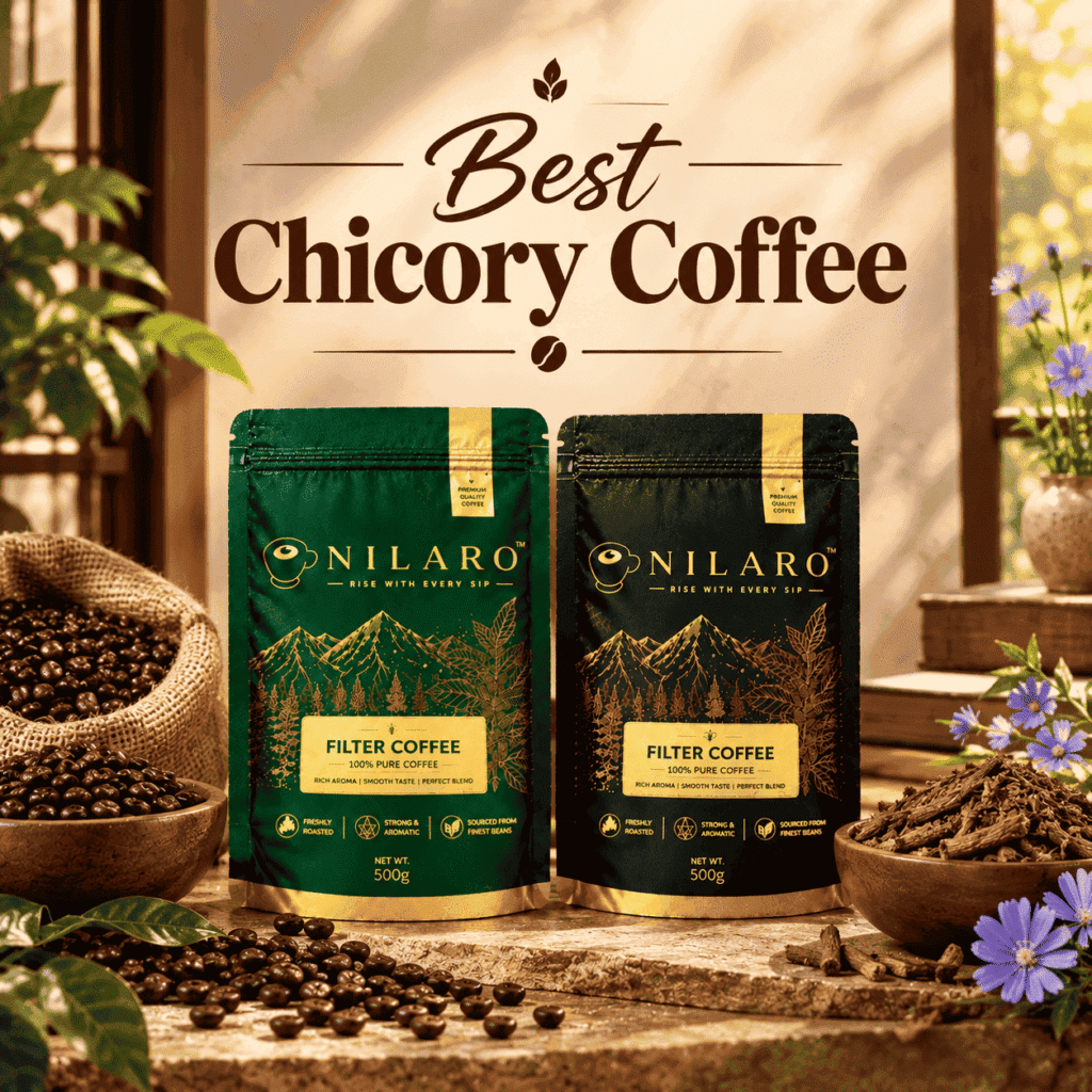 Best Chicory Coffee featuring Nilaro green filter coffee powder in a warm premium coffee ambience with roasted coffee beans and a traditional coffee setup.
