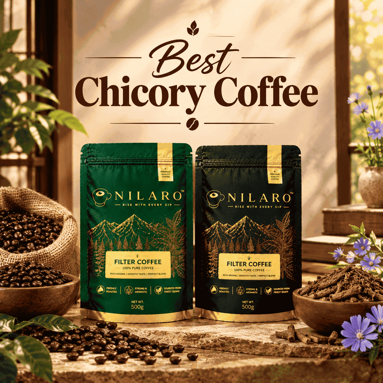 Best Chicory Coffee featuring Nilaro green filter coffee powder in a warm premium coffee ambience with roasted coffee beans and a traditional coffee setup.