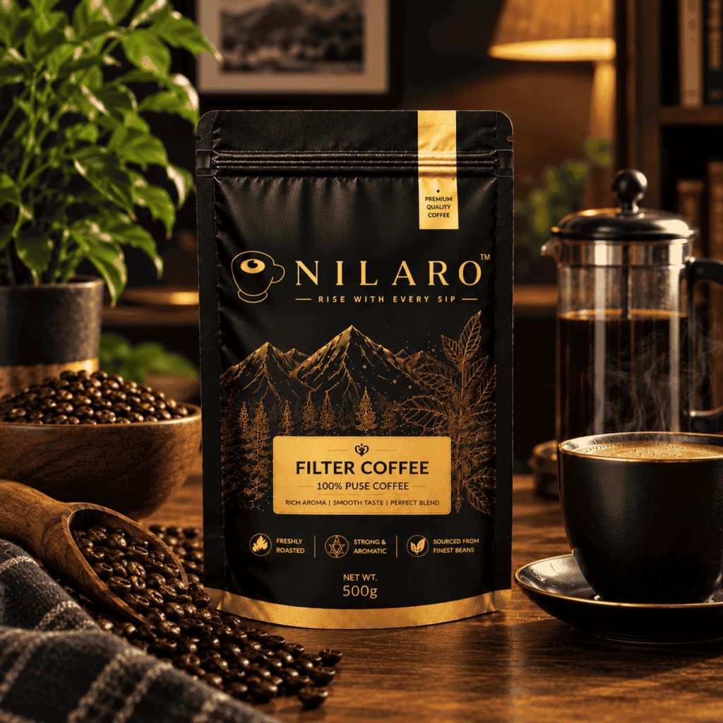 NILARO black filter coffee powder pack with 100% pure coffee and roasted coffee beans, representing Best Filter Coffee Powder in a warm premium coffee ambience.