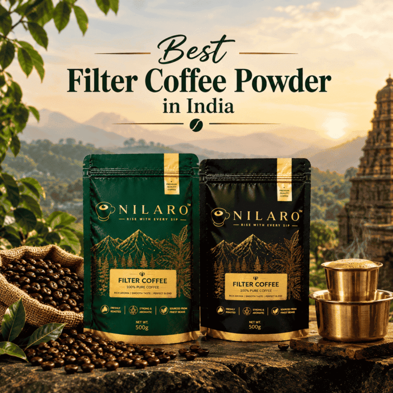 Best Filter Coffee Powder in India featuring NILARO green and black filter coffee powder packs with roasted coffee beans and traditional South Indian filter coffee.
