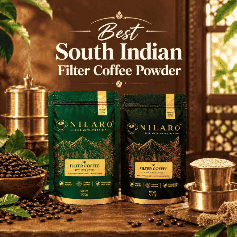 NILARO green filter coffee powder pack representing Best South Indian Filter Coffee Powder, with roasted coffee beans and a traditional brass coffee setup.