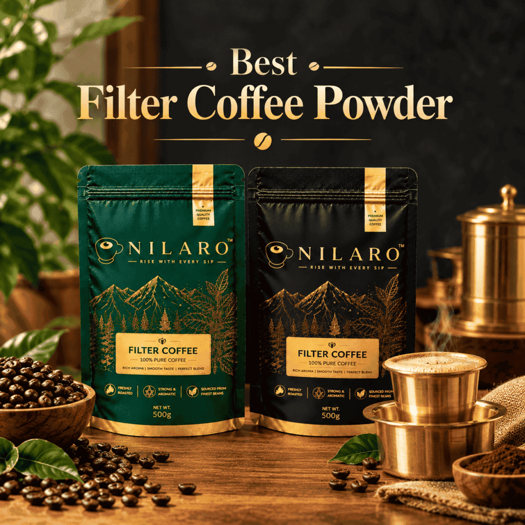 NILARO green and black filter coffee powder packs with roasted coffee beans and traditional South Indian coffee, representing Best Filter Coffee Powder.
