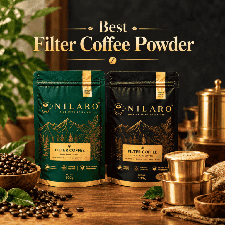 NILARO green and black filter coffee powder packs with roasted coffee beans and traditional South Indian coffee, representing Best Filter Coffee Powder.